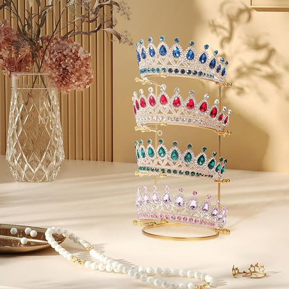 CALLARON Crown Display Stand, Jewelry Organizer Stand 4-Layer, Metal Necklace Display Holder, Vintage Headband Display, Gold Headdress Storage Rack Display for Crown Hairband Necklace Jewelry