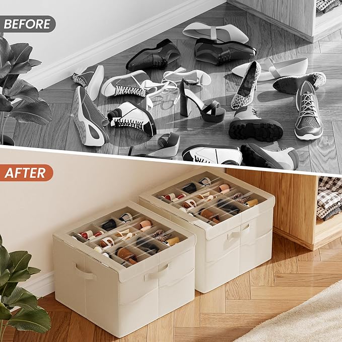 PHINOX Shoe Organizer for Closet, Fits 12-24 Pairs, Shoe Storage Bins with Clear Cover and Reinforced Handles, Foldable Shoe Storage Organizer, Space Saving Shoe Holder for Wardrobe, 2 Pack Beige