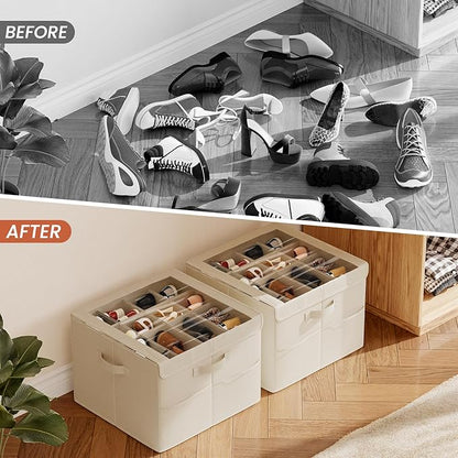 PHINOX Shoe Organizer for Closet, Fits 12-24 Pairs, Shoe Storage Bins with Clear Cover and Reinforced Handles, Foldable Shoe Storage Organizer, Space Saving Shoe Holder for Wardrobe, 2 Pack Beige