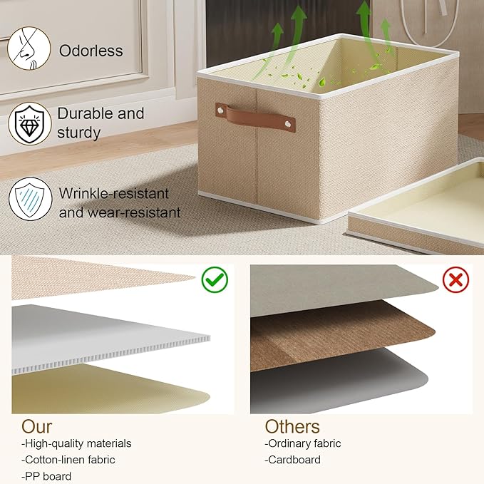 Fabric Storage Boxes with Lids, 10.2×7.8×6.7 Inch Clothes Bins for Shelves, Closet Organizers for Organizing with Handles, Beige, 3-Pack