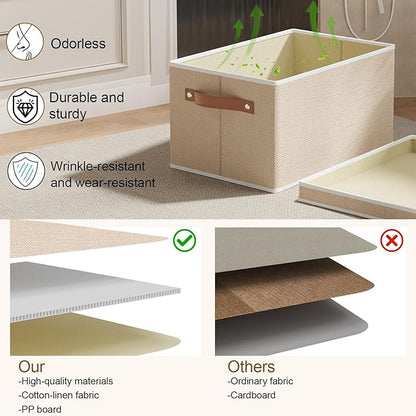 Fabric Storage Boxes with Lids, 10.2×7.8×6.7 Inch Clothes Bins for Shelves, Closet Organizers for Organizing with Handles, Beige, 3-Pack