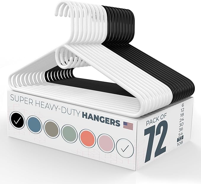 Super Heavy Duty Clothes Hangers 50+ Pack (72 Count) – Made in the USA - 10lb Capacity, Thick Plastic Hangers for Pants, Coats, Jackets, Jeans and Adult Clothing – White & Black