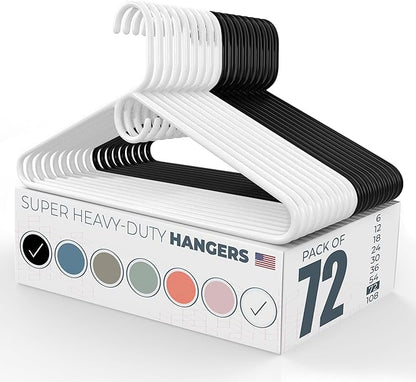 Super Heavy Duty Clothes Hangers 50+ Pack (72 Count) – Made in the USA - 10lb Capacity, Thick Plastic Hangers for Pants, Coats, Jackets, Jeans and Adult Clothing – White & Black