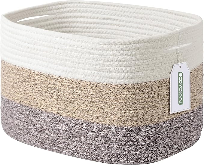 ECDYQXVU Cotton Rope Storage Basket, 15x10x9 Inches, Woven Basket for Shelves, Clothes, Towels, Books, and Laundry, White Brown (1 Pack)