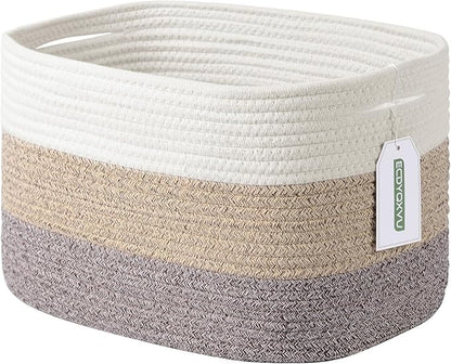 ECDYQXVU Cotton Rope Storage Basket, 15x10x9 Inches, Woven Basket for Shelves, Clothes, Towels, Books, and Laundry, White Brown (1 Pack)