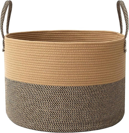 JMvicyroam 115L Extra Large Blanket Basket for Living Room - Woven Cotton Rope Laundry Hamper with Reinforced Handles - Storage Bin for Pillows, Comforters & Toys - Machine Washable,Jute&Black