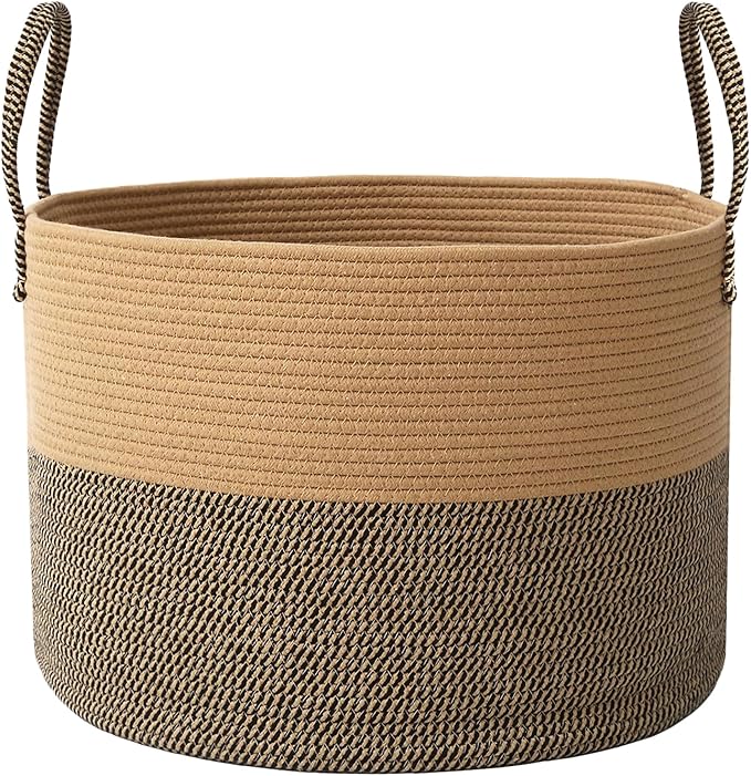 JMvicyroam 65L Extra Large Blanket Basket for Living Room - Woven Cotton Rope Laundry Hamper with Reinforced Handles - Storage Bin for Pillows, Comforters & Toys - Machine Washable,Jute&Black