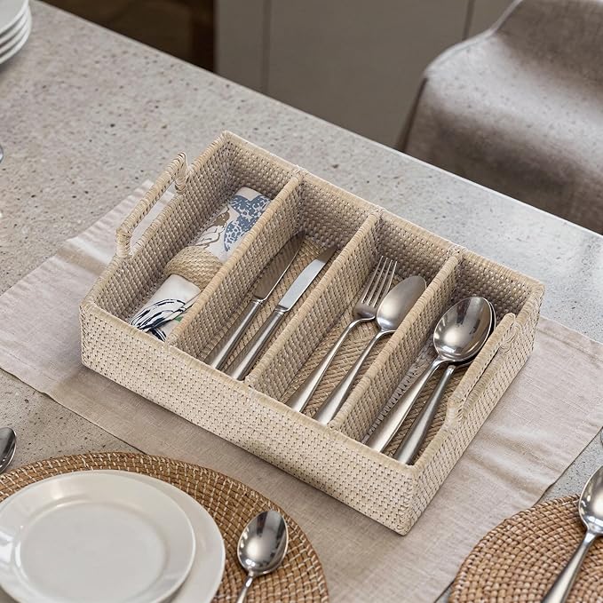 KOUBOO Lo Jolla Rattan Flatware Tray, White Wash