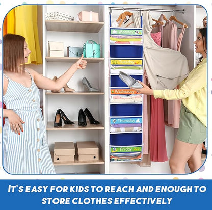 2 Pack 5 Shelf Weekly Clothes Organizer for Kids Over the Door Hanging Storage Monday through Friday Heavy Duty Clothes Organization for Bathroom Nursery Bathroom Kitchen(Blue)