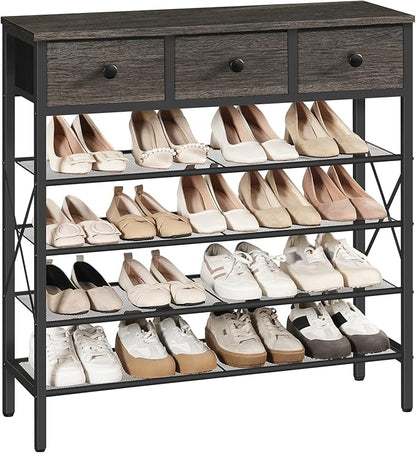 YATINEY 5-Tier Shoe Rack with 3 Drawers, Metal Shoe Organizer for 20 Pairs with Storage Shelves and Wooden Top, for Entryway, Hallway, Foyer, Closet, Charcoal and Black SS35BC