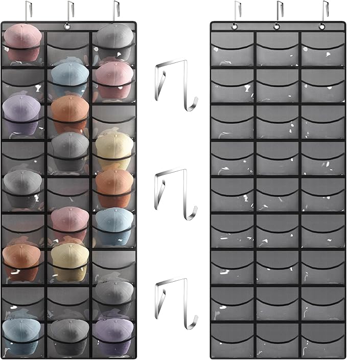 Fixwal Hat Organizer for Baseball Caps, 27 Pocket Over The Door Hat Storage Closet Holder Hanger, Clear Deep Pockets, Baseball Hat Rack for Wall Door with 3 Hooks, Grey