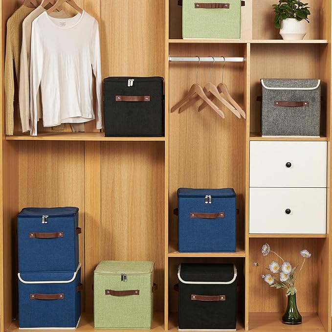 4PCS Storage Cubes with Lid Fabric Storage Bin Box PU Leather Handles Cotton Linen Closet Organizer Container Decorative Foldable Washable Shelf Cloth Basket (Zipper Lid, Deep Blue, 11in)