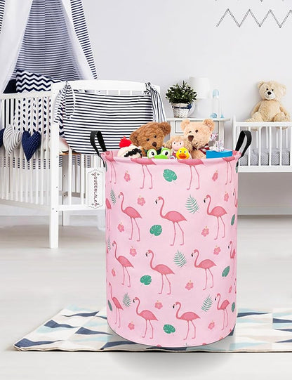 QUEENLALA Large Storage Basket,Laundry Hamper/Bathroom/Home Decor/Collapsible Round Storage Bin,Boys and Girls Hamper/Boxes/Clothing(Round-Pink Flamingo)