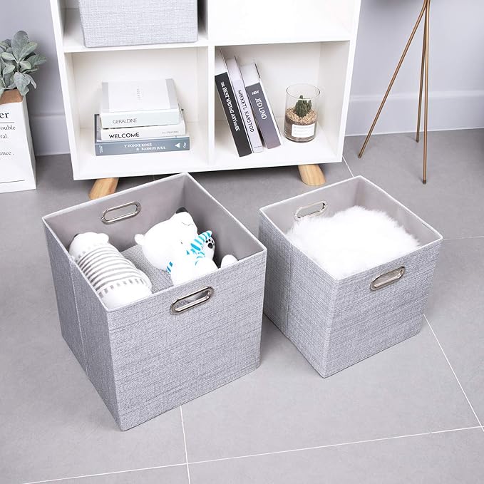 Thicker Fabric Storage Cubes 13 inch Collapsible Storage Bins for Organization, Cubby Storage Boxes for Organizing Shelf Cabinet Bookcase, 2pcs, Sliver Grey