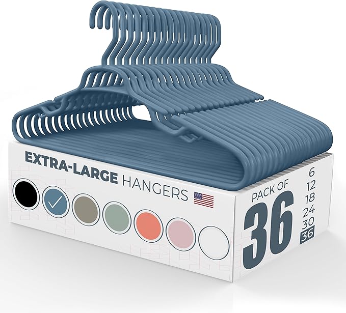 Large & Wide Heavy Duty Clothes Hangers 36 Pack – Made in USA – Ideal for Plus Size Clothing – 10lb Plastic Hangers with Notches for Oversized Adult Coats & Pants – Blue
