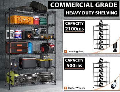 72" Storage Shelves Heavy Duty Shelving Loads 500/2100Lbs, 6 Tier Metal Utility Shelf Rack, Wide Garage Shelving, Adjustable Storage Shelves for Garage Basement Warehouse