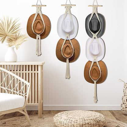 Yulejo 3 Pieces Macrame Hat Hanger Boho Hat Hanger for Wall Cowgirl Organizer Hand Weaving Display Rack Decoration Holder for Wide Brim and Fedoras Baseball