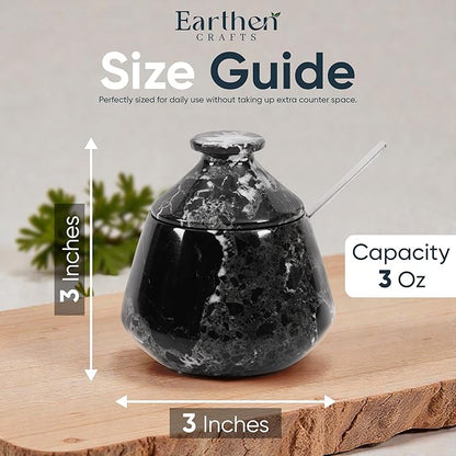 Marble Salt Cellar with Lid & Spoon Black 3" Inches Stone Salt Holder for Countertop, Salt and Spice Jar Salt Box Seasoning Containers, Kitchen Decor, 3 OZ Capacity