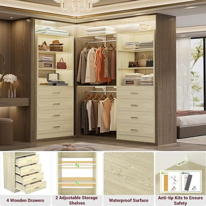 Aheaplus Wood Closet Organizer System with 4 Drawers, Modular Walk-in Closet Storage Unit, Small Closets Wardrobe Rack, Tall Storage Cabinet Unit, White Oak