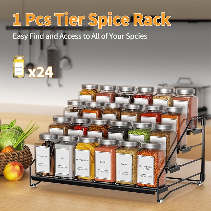 BOIVSHI 4 Tier Spice Rack for Cabinet, Spice Rack Organizer, Depth Adjustable Spice Holder for Countertop, Cupboard, Pantry, Seasoning Shelf, Metal, Black (1 Pack)