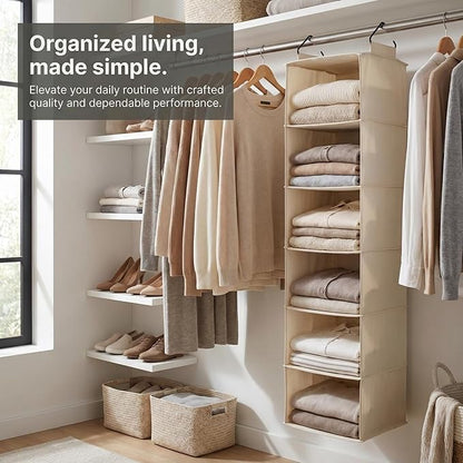 Household Essentials Cedarline 6-Shelf Hanging Closet Organizer, Heavy-Duty Cotton Canvas, Breathable, Versatile, Compact, Perfect for Rod or Wire Closets, Natural