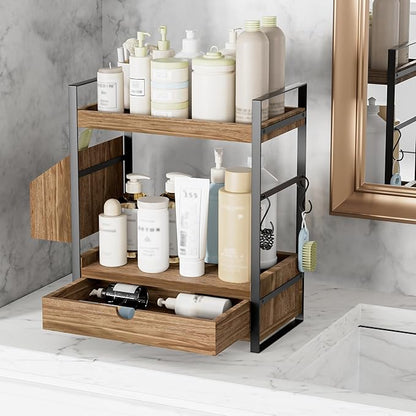 Kottwca 2-Tier Bathroom Counter Organizer with Drawer, Basket & Hooks, Wooden Vanity Shelf for Skincare, Perfume & Makeup Storage(Dark Brown)