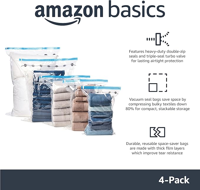 Amazon Basics Vacuum Storage Bags for Blankets, Vacuum Compression Space Saving Storage Bags with Hand Pump for Clothes Packing, X-Jumbo, 4-Pack