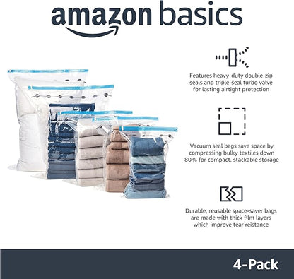 Amazon Basics Vacuum Storage Bags for Blankets, Vacuum Compression Space Saving Storage Bags with Hand Pump for Clothes Packing, X-Jumbo, 4-Pack