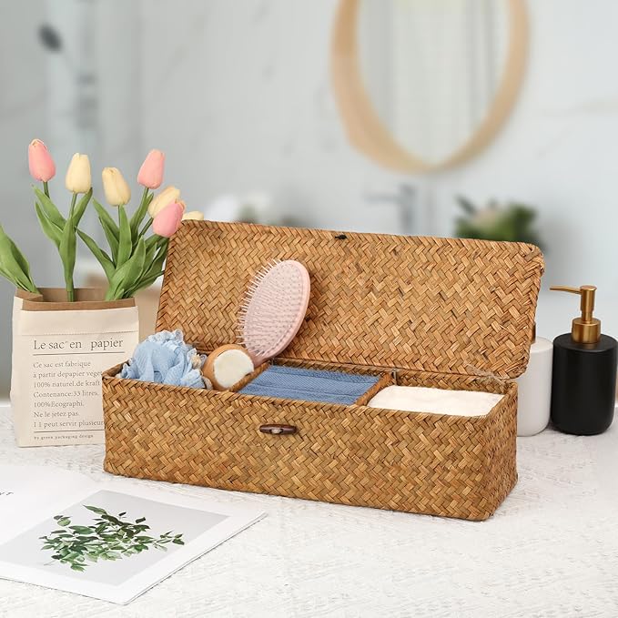 Hipiwe Handwoven Wicker Basket Box Rectangular Wardrobe Home Organizer with Lid 3 Sections Toilet Paper Holder Home Organizer for Tissue Snacks, Caramel