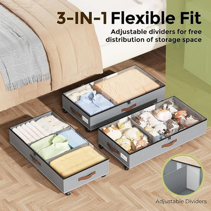LAMU Under Bed Storage with Wheels, 2 Pack Under Bed Storage Containers with Clear Lids & Label, Rolling Under Bed Drawers for Clothes, Shoes, Blankets, Grey
