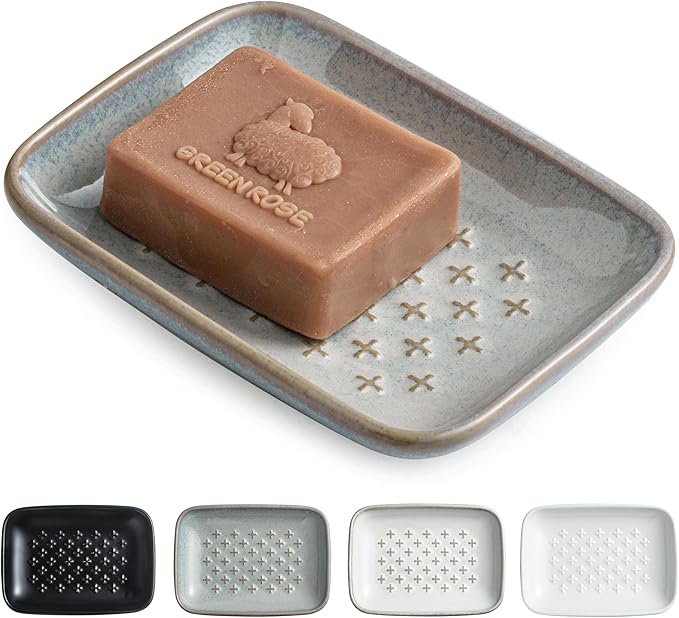 Premium Ceramic Soap Dish Holder - Large 5.5 Inch Soap Saver Tray with Non-Slip Base, Multi-Use for Bar Soap, Sponge, Butter & Jewelry - Elegant Gift for Bathroom, Kitchen, Shower Countertop - Gray