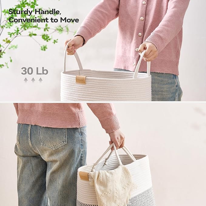 Nunsino Laundry Hamper 62L,Large Laundry Basket for Clothes,Decorative Storage Basket for Blankets,Cotton Rope Woven basket for bedroom,Grey White