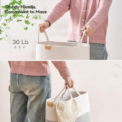 Nunsino Laundry Hamper 62L,Large Laundry Basket for Clothes,Decorative Storage Basket for Blankets,Cotton Rope Woven basket for bedroom,Grey White