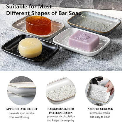 Gomakren Ceramic Soap Dish with Raised Scalloped Design, Versatile Soap Holder & Tray for Bathroom and Kitchen Sink, Prevents Soggy Soap, Rustic Modern Decor, Easy to Clean, Beige (5.59" x 4.02")