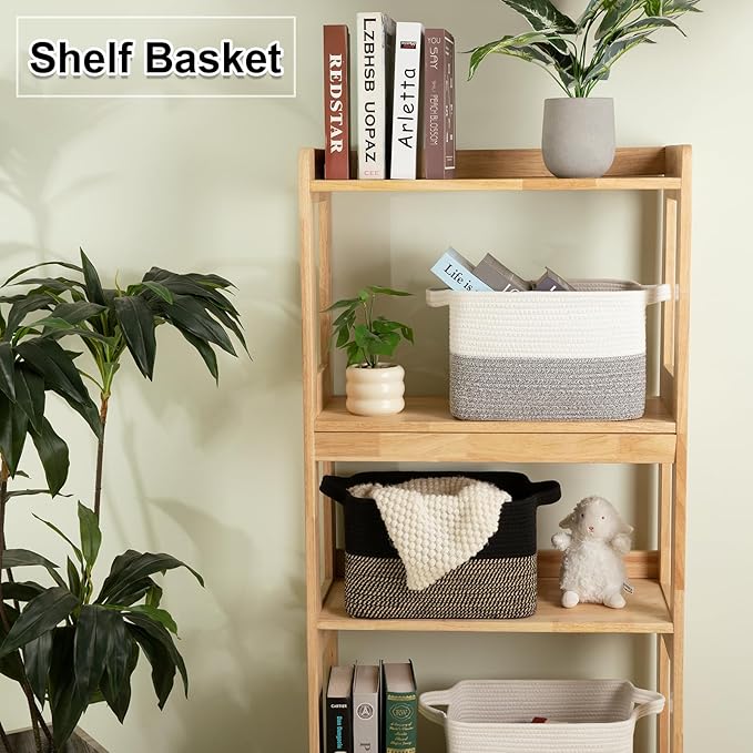 OIAHOMY Woven Storage Basket for Shelves, Rectangle Cotton Rope Baskets for Organizing, 13 x 10 x 9 in, Storage Bins for Dog Toys,Towel,Books,Gift,Black and Brown