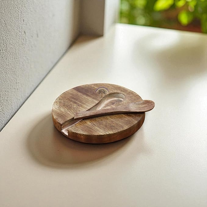Handcrafted Wooden Salt Box with Lid & Spoon – Rustic Salt Cellar Storage Keeper for Kitchen