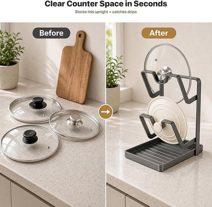 Pot Lid Holder for Countertop with Spoon Rest, Double-Layer Carbon Steel Lid Organizer with Removable Drip Tray, Stove Top Utensil Holder, Includes Silicone Mat