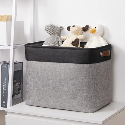 DULLEMELO Large Collapsible Storage Basket/Bin with Sturdy Leather Handles, Fabric Organizer Bin for Storage Clothes, Books, Office, Bedroom, Closet, Nursery & Laundry (Black&Gray)