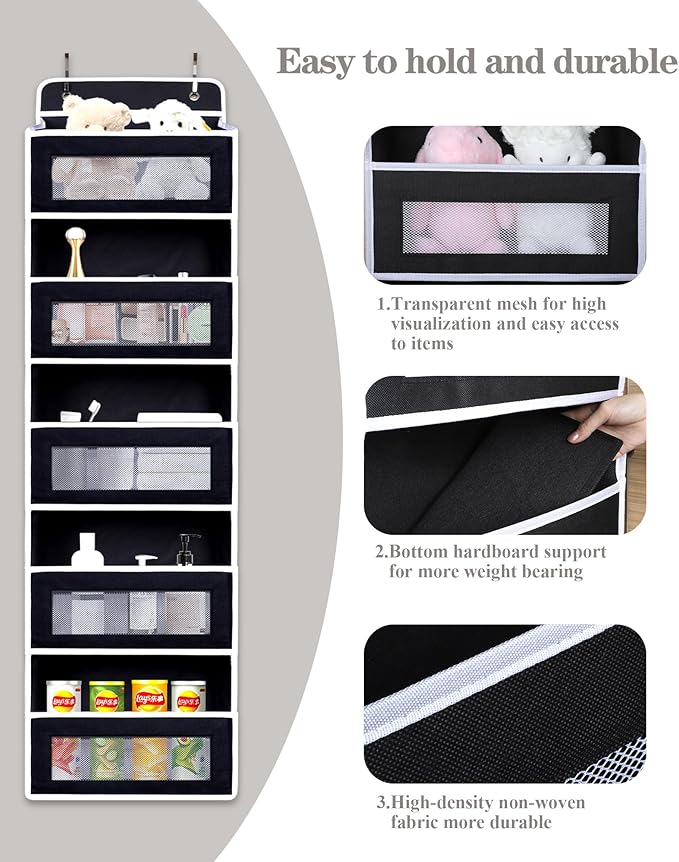 Over The Door Organizer, Reinforced Composite Fabric with Reinforced Stitching and Anti-Sag Structure, 44LB Capacity, 5 Large Pockets & 10 Mesh Pockets for Bathroom, Nursery & Laundry Room (Black)