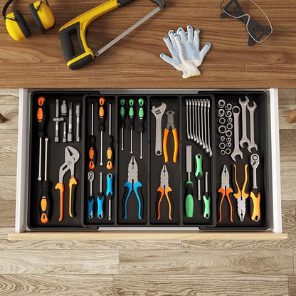 Lifewit Utensil Organizer for Kitchen Drawers, Expandable Cooking Utensil Tray, Adjustable Cutlery Silverware Flatware Holder, Plastic Spatula Tools Storage Divider, 18- 30 x 18.5", Black