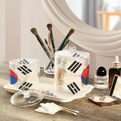DOMIKING South Korea Flag 2 Pack Bathroom Canisters Cotton Swab Holder Dispenser Plastic Cotton Ball Jar Acrylic Storage Containers for Makeup Sponges Floss Cotton Ball