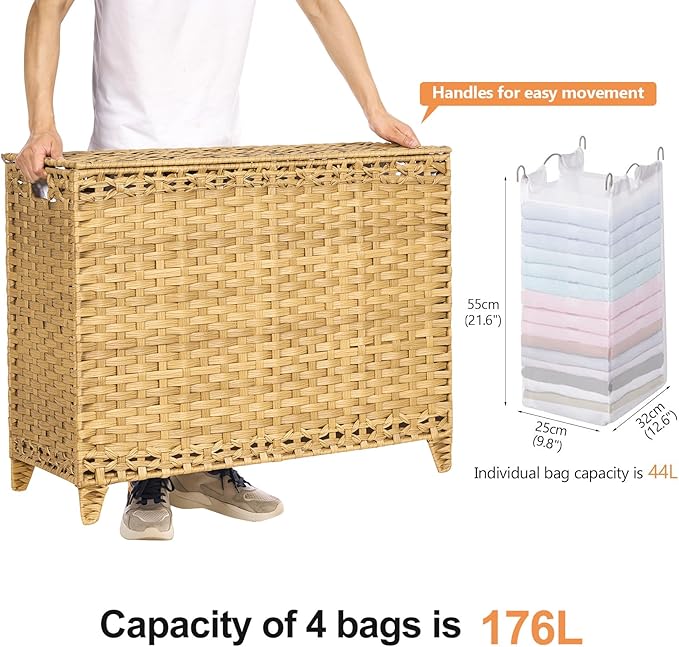 Laundry Hamper with 4 Removable Liner Bags; 176L Handwoven Rattan Laundry Basket with Lid & Heightened Feet; Clothes Hamper with Side Handles