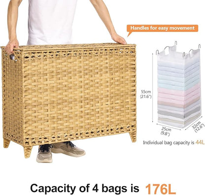 Laundry Hamper with 4 Removable Liner Bags; 176L Handwoven Rattan Laundry Basket with Lid & Heightened Feet; Clothes Hamper with Side Handles