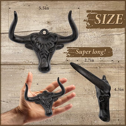 Cowboy Hat Rack for Wall 4 Pack Western Longhorn Cowboy Hat Holder Cast Iron Vintage Rustic Cowboy Hat Hanger Hat Hooks for Storage Display Closet Bedroom Living Room Rust Men's Gift