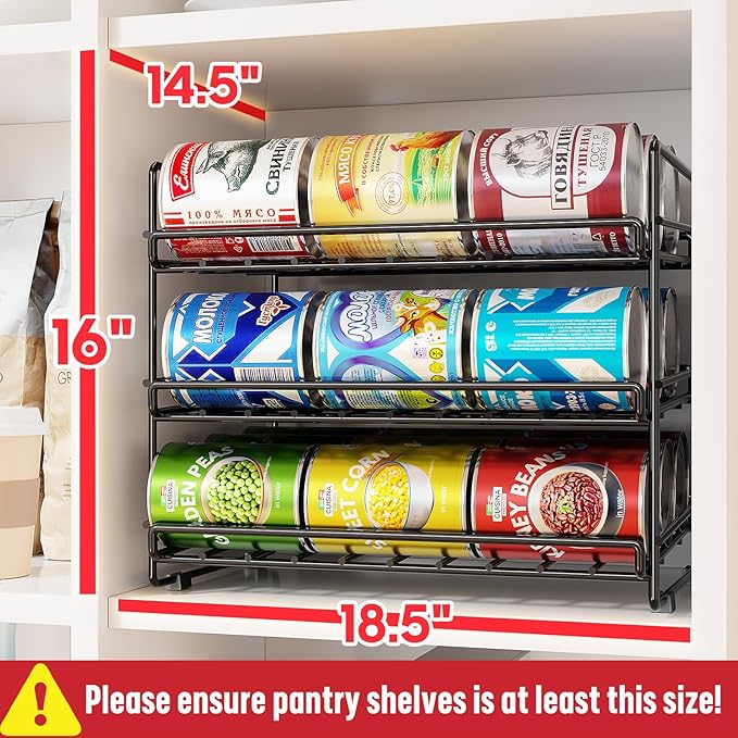 SUFAUY 3 Tier Can Organizer for Pantry, Holds 36 Cans, Heavy Duty Metal Shelves for Storage, Black