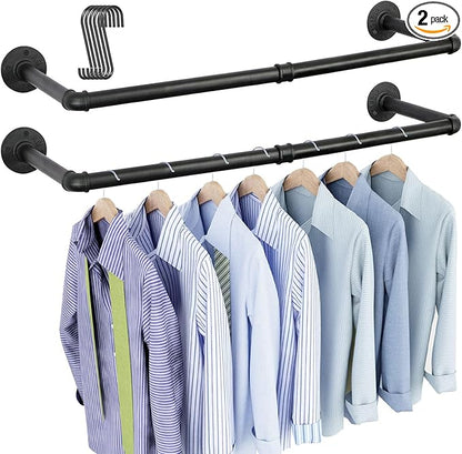 OROPY Industrial Pipe Clothes Rack Wall Mounted Set of 2, 38.4 inches Heavy Duty Iron Pipe Clothing Garment Rail, Multi-Purpose Clothing Hanging Rod for Laundry Room and Closet Storage