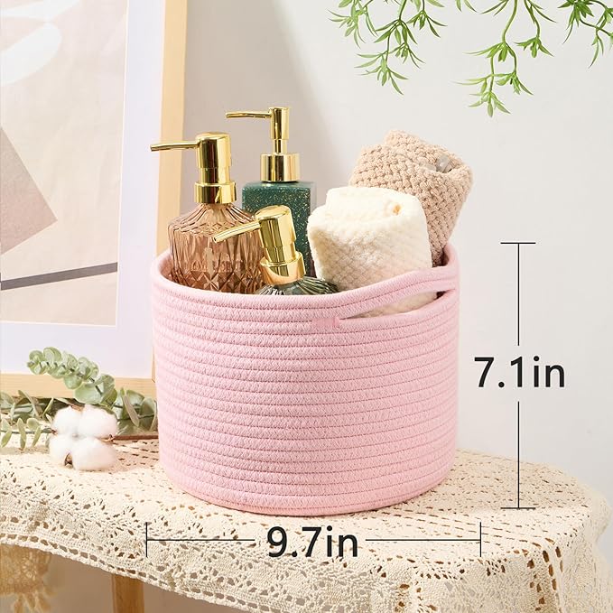 MiniArk Small Basket for Organizing | Cube Shelf Closet Storage Baskets | 9.7×9.7×7.1” | Woven Rope Gift Basket | Nursery | Round 3 Packs Light Pink