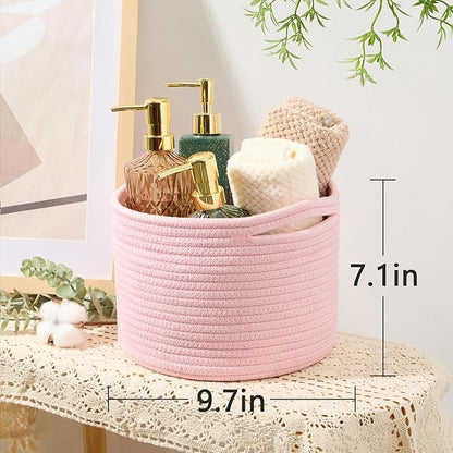 MiniArk Small Basket for Organizing | Cube Shelf Closet Storage Baskets | 9.7×9.7×7.1” | Woven Rope Gift Basket | Nursery | Round 3 Packs Light Pink