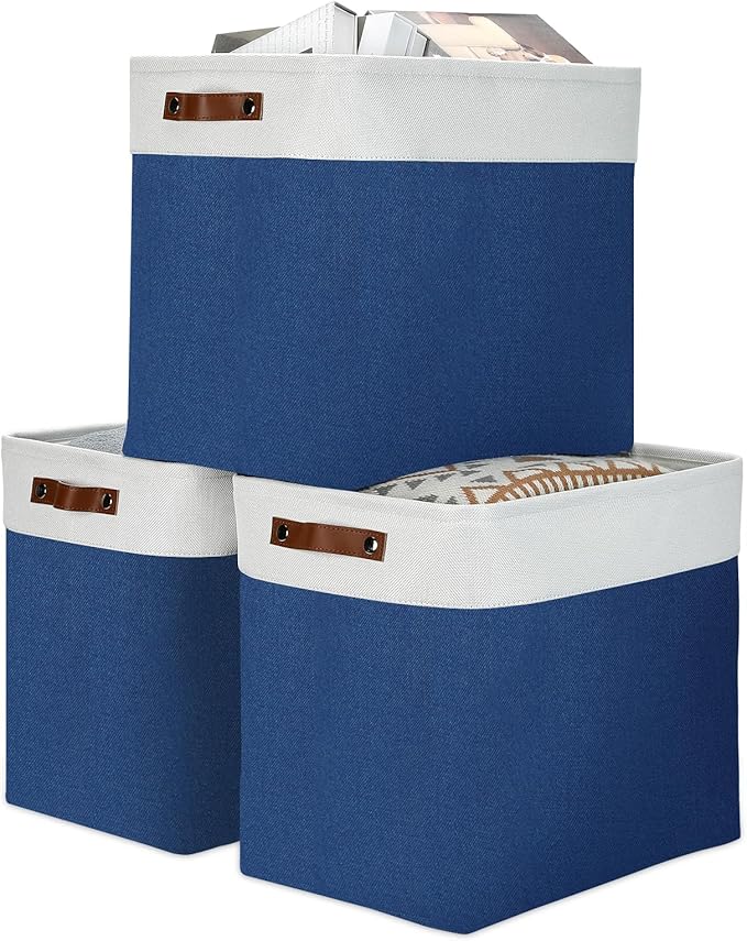 DULLEMELO 51L Large Baskets for Storage, Large Rectangular Baskets for Shelves [3 Pack], Blanket Basket Dog Basket for Organizing Closet, Nursery, Clothes (White&Blue)
