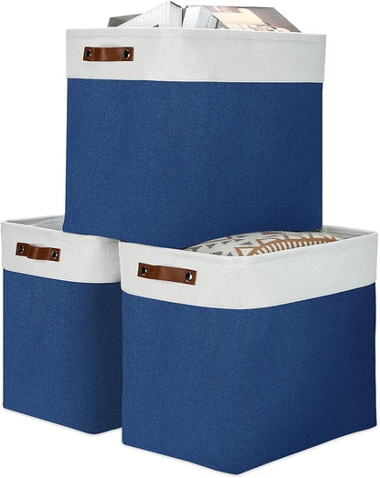 DULLEMELO 51L Large Baskets for Storage, Large Rectangular Baskets for Shelves [3 Pack], Blanket Basket Dog Basket for Organizing Closet, Nursery, Clothes (White&Blue)
